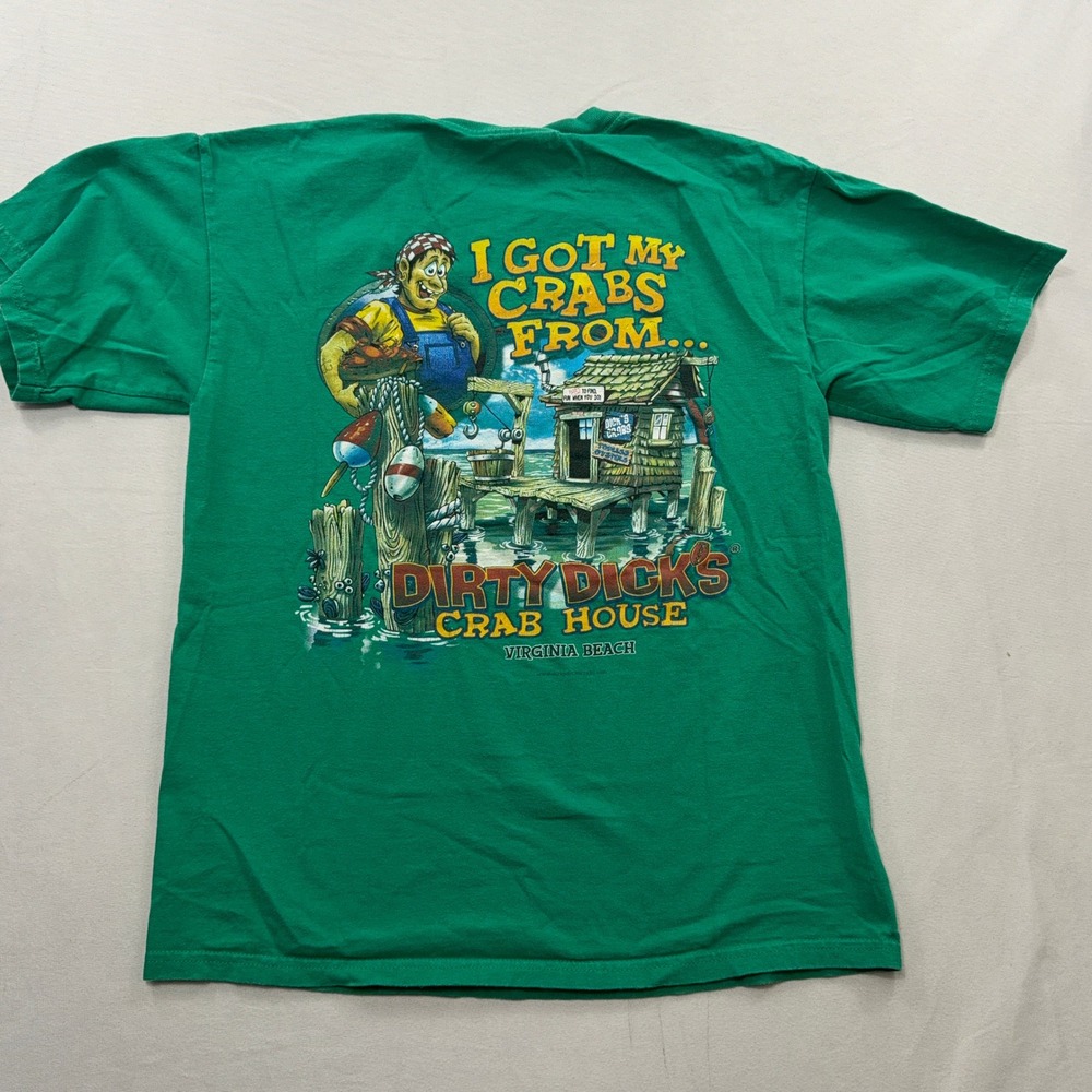 Gildan T-Shirt Dirty Dicks Crab House Graphic Virginia Beach Green Mens Size M - Picture 4 of 7